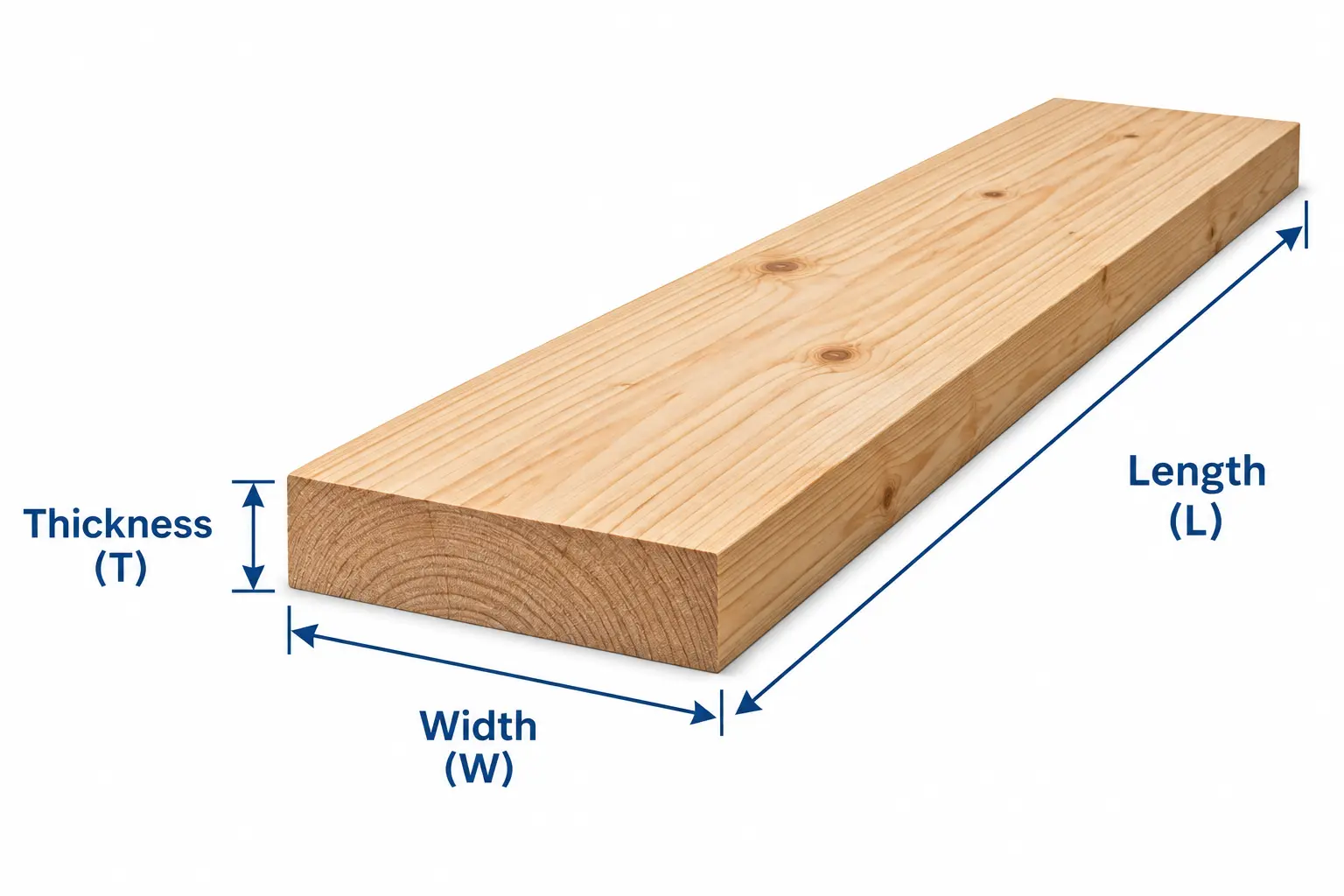 Wooden board slab showing length, width, and thickness dimensions