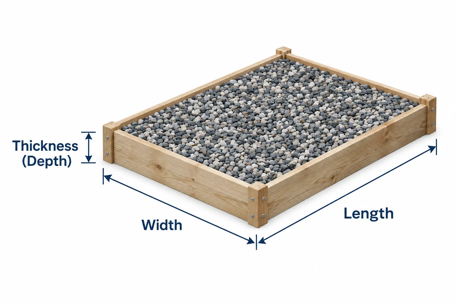 Gravel area showing length, width, and depth dimensions
